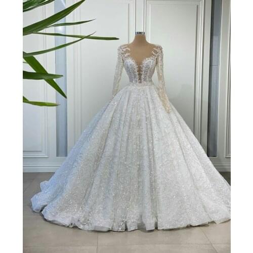 Gorgeous Princess Ball Gown Wedding Dresses Beading Sequins V Neck Long Sleeve Bridal Gowns Illusion 3D Lace Appliques Bride