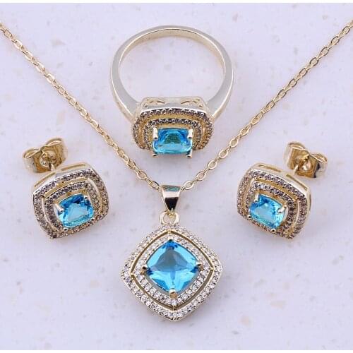 Terrific Sky Blue Imitation Toapz & Cubic Zircon Gold Color Fashion Jewelry Sets For Women Trendy Jewelry Free Gift Box E0030
