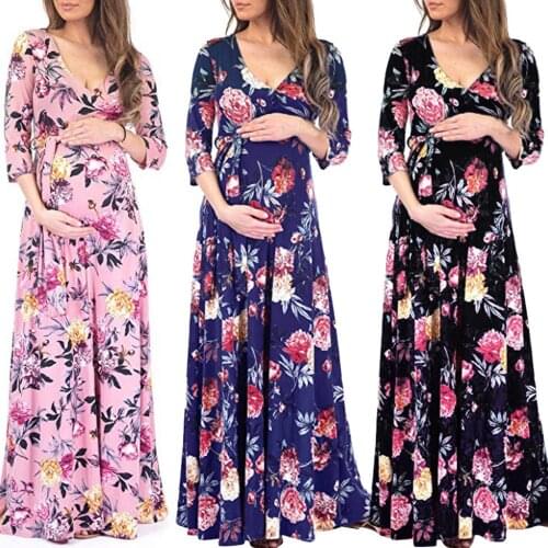 2021 Foreign Trade Autumn And Winter New Style Womens V-neck 7 Points Sleeve Plus-sized Printed Long Mopping Pregnant WOMENS D