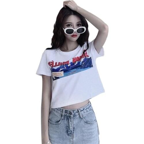 Summer Korean Loose Fit Size Details Tee Shirt Casual Letter Women Soft Short Sleeve Round Neck Basic Crop Y2k Top T-shirts