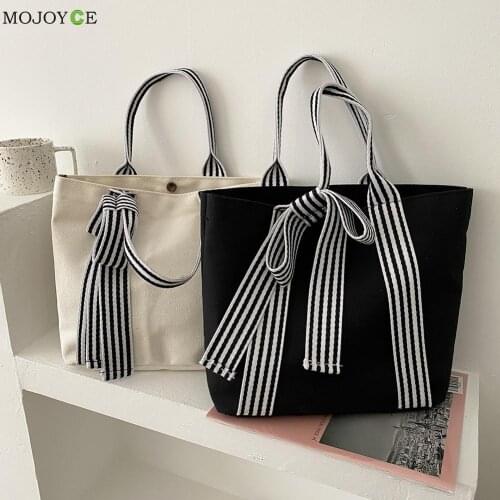 Preppy Style Women Bow Shoulder Underarm Shopping Bag Ladies Canvas Handbag Tote Fashion Exquisite Shopping Bag