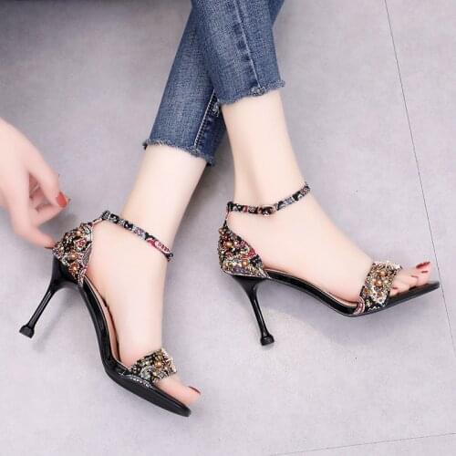 2021 summer sexy Thin Stilettos sandals crystal laces colored diamonds outdoor Fashion new Women all-match High Heels shoes