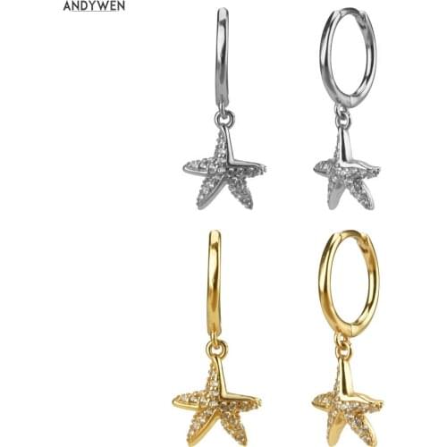 ANDYWEN 925 Sterling Silver Seafish Drop Earring Crystal Circle Round Star Women Luxury 2020 Fashion Party Animal Jewelry