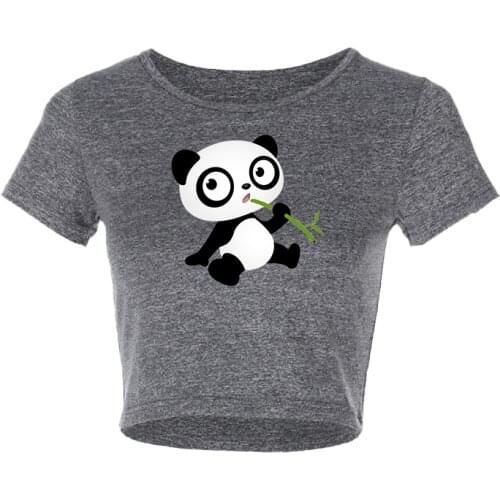 New Ladies Print Panda Bamboo Crop Top Slim Short Sleeves Casual Appliques Daily Tee