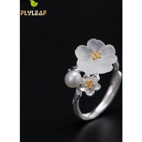 Flyleaf Natural Freshwater Pearl Crystal Flower Real 925 Sterling Silver Rings For Women High Quality Fine Jewelry Ring Vintage