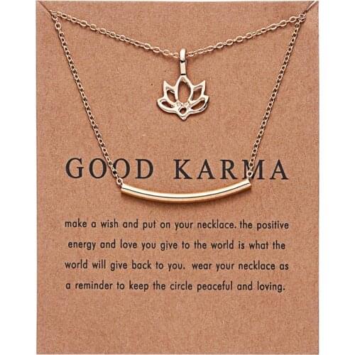 With Card Good Karma Double Layer Lotus Flower Pendant Necklace Circle Butterfly Dragonfly Clavicle Chain Choker Necklace Gift