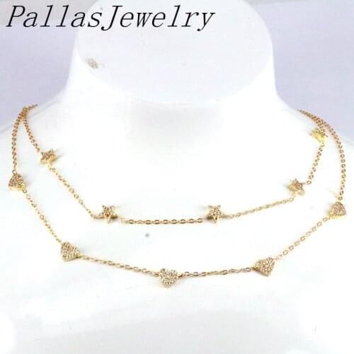 3Pcs Fashion Heart Star Design Charms Gold Plated Link Chain Choker Necklace Copper Zircon Chain