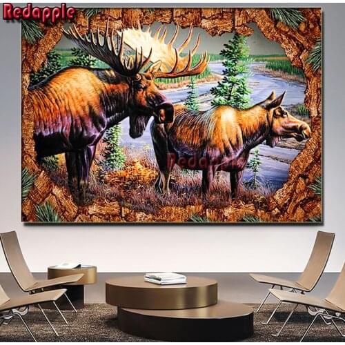 Two old elk full square round 5d diy diamond painting moose Cross Stitch painting rhinestone embroidery wild animal mosaic decor