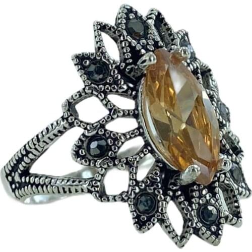 Authentic Marcasite Shuttle Citrine Cubic Zirconia Inlaid 925 Sterling Silver Ring