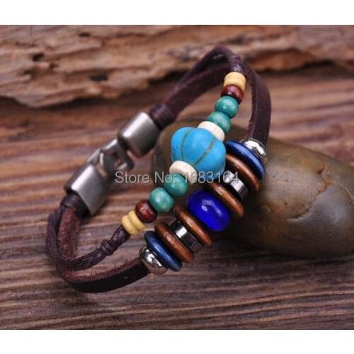 G74 Silver Surfer Hemp Leather Wood Beads Wristband Bracelet Mens Cuff