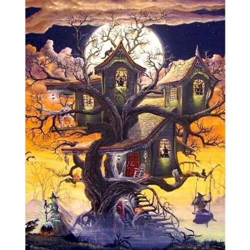 Gatyztory Frame Tree House DIY Painting By Numbers Handpainted Oil Painting Canvas Colouring Halloween Gift