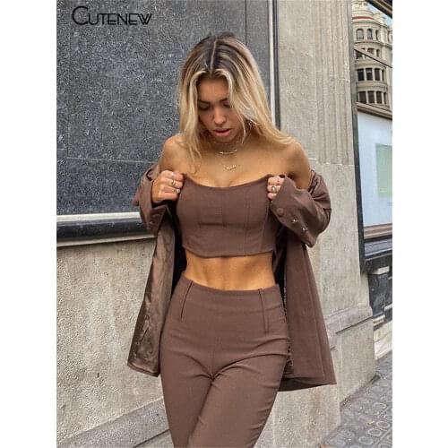 Cutenew Y2K Elegant Trend Two Piece Sets Women Strapless Top+High-Waist Straight-Leg Pants Brown Solid Casual Streetwear Outfits