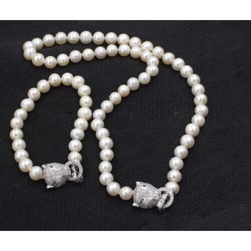 NEW freshwater pearl white near round 8-9mm necklace bracelet leopard clasp 18" set