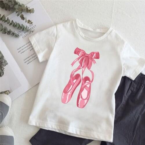 Pretty Bowknot Ballet Shoes Print T shirt For Girls Funny Kids Tops Summer Baby Clothes Cute White Children T-shirt,HKP5388
