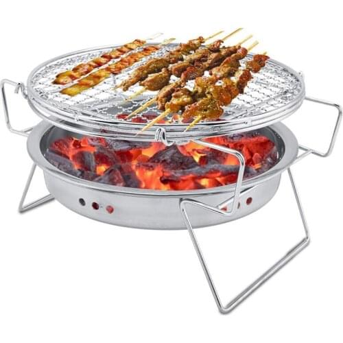 Stainless Steel Round Folding BBQ Grill Outdoor Mini Charcoal Wood Stove Portable Barbecue Tool