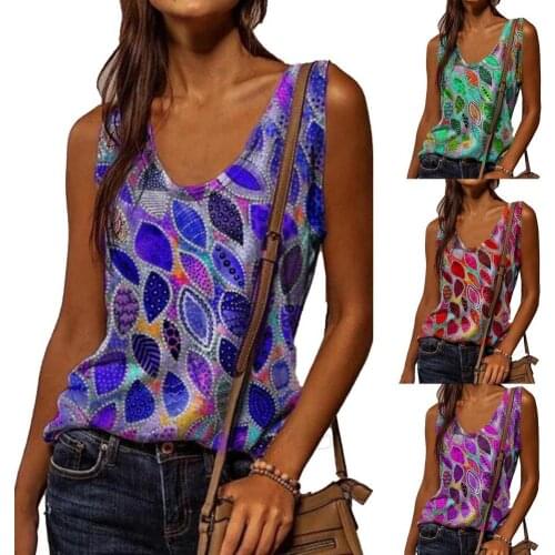 Summer Loose Tops 2021 Women U-Neck Printed Sleeveless Loose Summer Vest Pullover for Party Solid Loose Top Tee Shirt Female