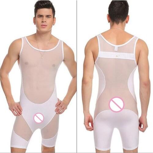 Mens Sexy Mesh Transparen Bodysuit Body Shaping Corset Shapeware Underwear One Piece Ultrathin Jumpsuit Leotard