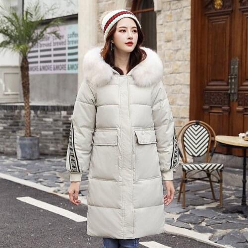 New Hot Female Jackets Fashion Letter Print Parka High Quality Fur collar Hat Top Loose Thicken Warm Luxurious Long Outerwear