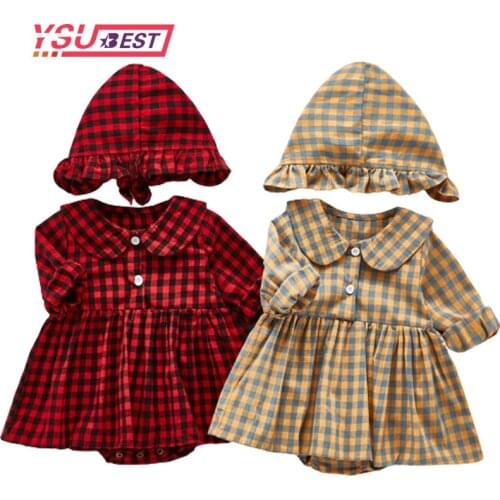 Autumn Newborn Baby Clothes Grid DressTwins Baby Bodysuit Toddler Girls Hat Pure Cotton Infant Girl Birthday Party Clothes
