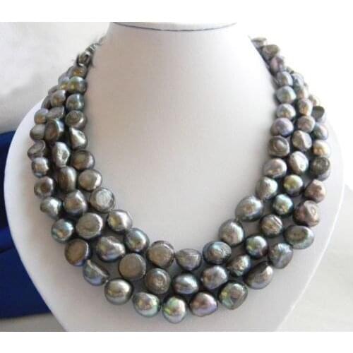 3Strands 18'' 12MM Baroque Gray Freshwater Pearl Necklace shipping free