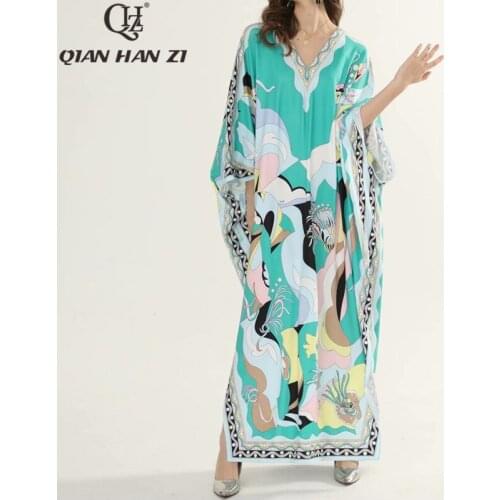 Qian Han Zi plus size dress designer fashion runway maxi dress Womens bat sleeve pattern Printed casual loose long dress