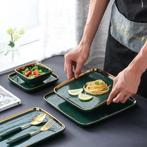 Luxury Nordic Emerald Ceramic Dining Plate Creative Breakfast Tableware Square Salad Western Plate Soup Bowl Porcelain Dish