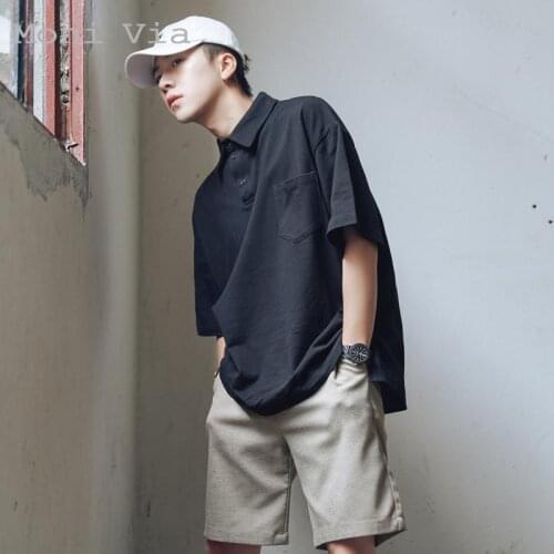 Summer New Mens Solid Color Polo Shirt Harajuku Half-Sleeve Loose Shirt For Men Japan Style Mens Casual Streetwear Male Clothes