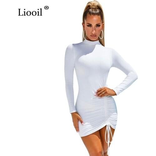 Liooil Sexy Ruched Bodycon Mini Dress Women Clothes Fall 2021 Long Sleeve O Neck Lace Up Draped Tight Dresses Woman Party Night
