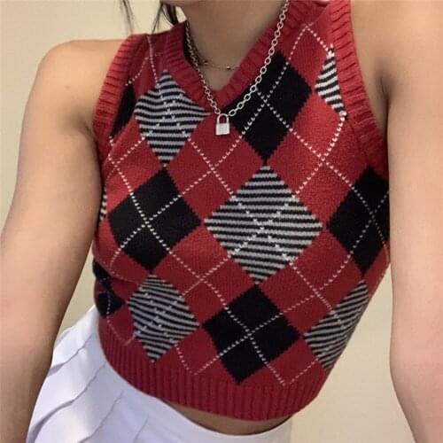 Plaid Knitted y2k Crop Sweater Vest Women Sleeveless Preppy Style Stretchy 90s Aesthetic Sweaters Korean Kpop Clothes