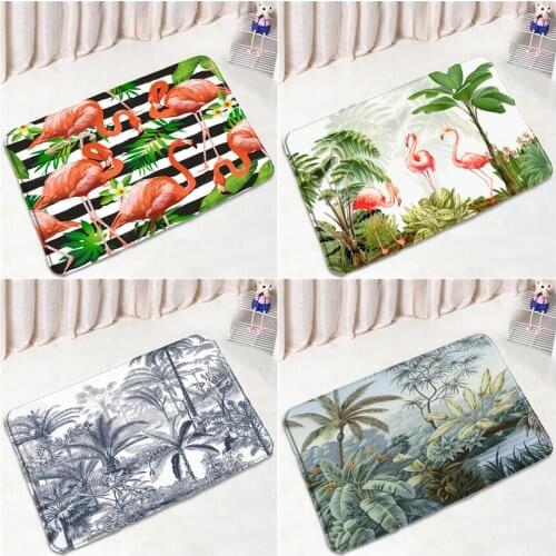 Tropical Jungle Flamingo Bathroom Mats Black White Stripes Palm Trees Green Plants Natural Scenery Door Pad Floor Rugs Bath Mat