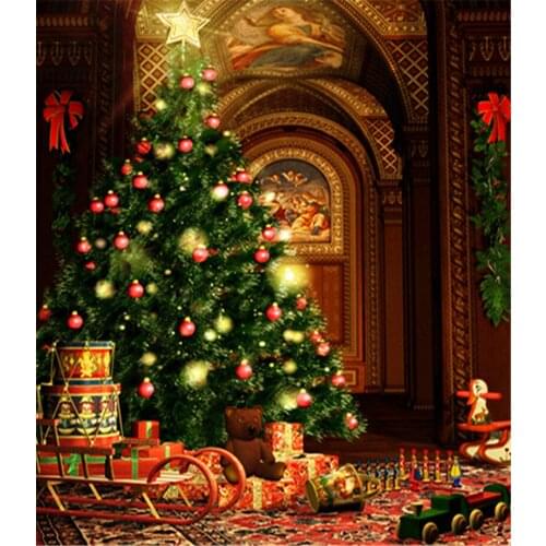 Xmas Pine Tree with Red Bell in Blue Night Sky Photography Backdrops Christmas Holiday Stage Photo Background Vinyl 5x7ft