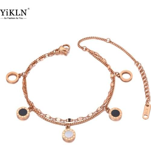YiKLN Vintage Stainless Steel Bohemia Shell Acrylic Chain Link Bracelets For Women 5Pcs Roman Numerals Charm Bracelet YB20145