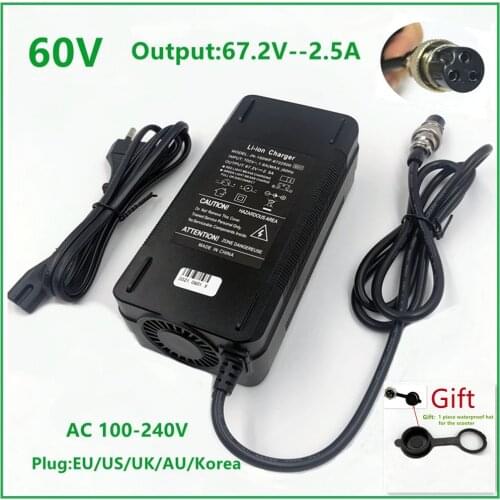 60V Lithium Li-ion charger 67.2V 2.5A Charger GX16 3PIN Female XLR Connector for 16S 60V E bike Bicycle Scooter Battery Pack