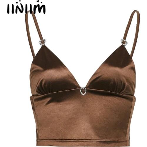 Womens Fashion V Neck Satin Camisole Tank Top Backless Slim Fit Crop Top Rhinestone Heart Decor Vest Streetwear Clubwear