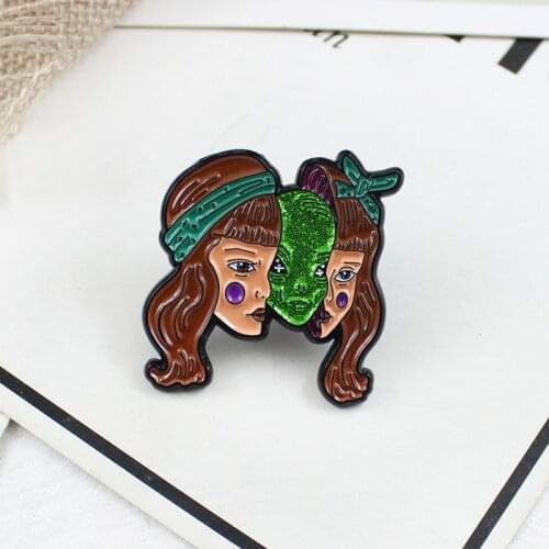 Womens Brooches Brown Hair Girl Lady Split Face Green Alien Monster Girl Stairs Enamel pin