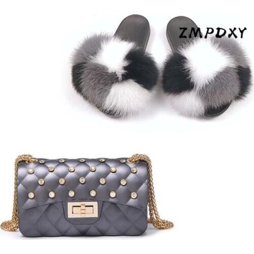 Ladies Chain Candy Crossbody Purse Womens Real Fox Fur Slippers Female Fluffy Furry Slides Woman Jelly Shoulder Bag Shoes Sets