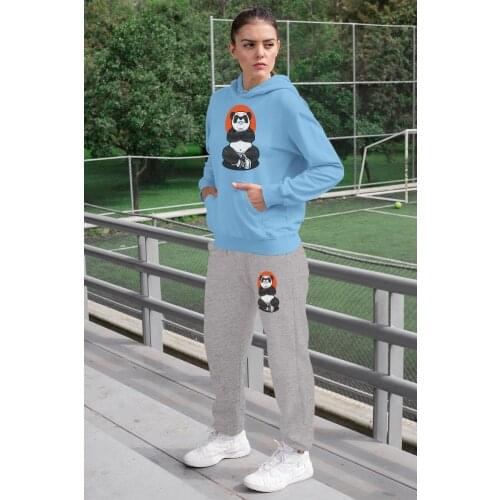 Angemiel Wear Fighter Panda Women 'S Tracksuit Set Blue Hooded Sweatshirt Gray Sweatpants