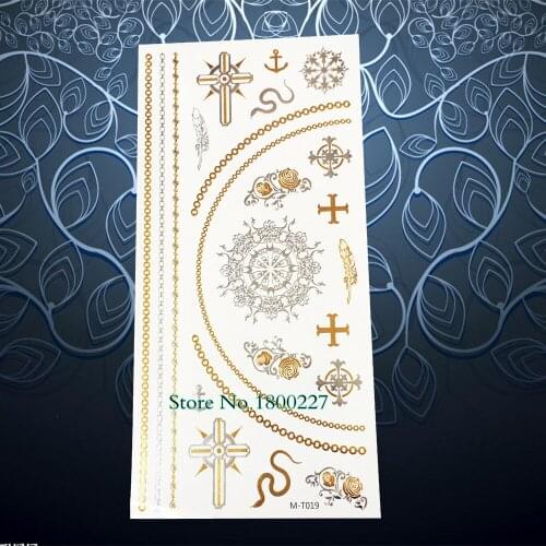 1PC Beauty Makeup Flash Temporary Tattoo Women Henna Flower Jewelry PMT19 Gold Chain Metallic Rose Necklace Flash Tattoo Sticker