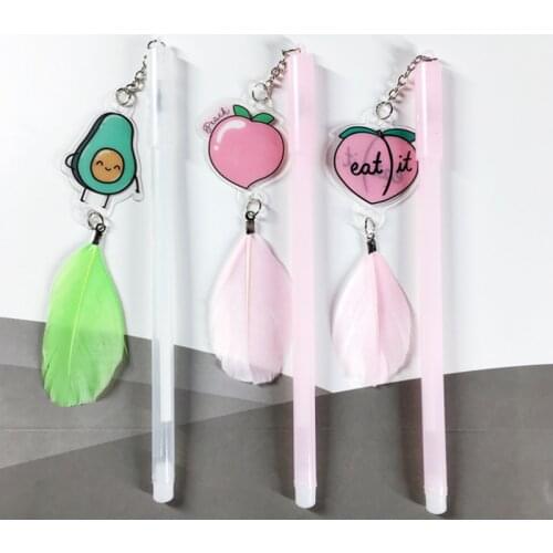 4pc Fruit Hanging Feather Gel Pen Black Ink Signature Pen Student Office School Supplies Cartoon Promotional Student Stationery