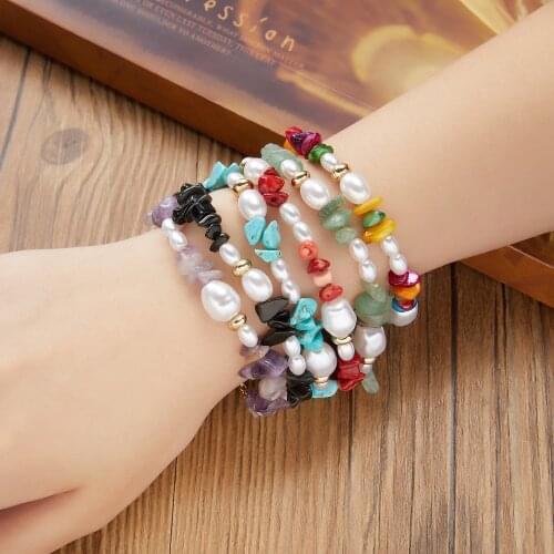 Fashion Irregular Natural Stone Gravel Pearl Bracelet Necklace Bohemian Colorful Choker Bangle Set Women Jewelry Gift