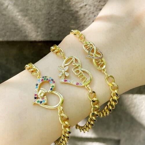EYIKA Gold Color Foot Heart Mom Cuban Link Chain Bracelets with TO Buckle for Women Mix Color Zircon Bangle Mothers Day Gift