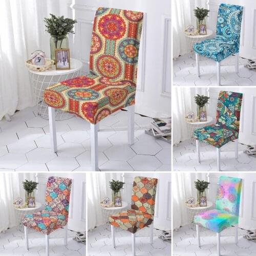 Stretch Mandala Chair Slipcover Dining Room Bohemian Elastic Chair Cover Spandex Universal Seat Cover for Kitchen Banquet