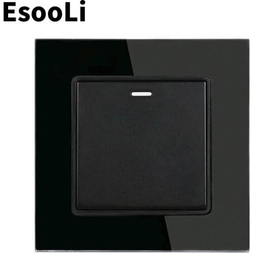 Esooli Black Push button switch Luxury Crystal Glass Panel 1 Gang 1 Way Wall Light Button Switch On / Off Wall Switch 16A 250V
