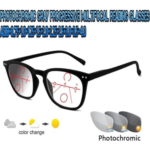 Photochromic Gray Progressive Multifocal Reading Glasses Men Women Ultralight Black Metal Frame Large Size +0.75 To+4.0