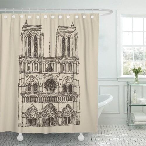 French Cathedral of Notre Dame De Paris France Vintage Bathroom Curtain Waterproof Polyester Fabric 60 x 72 inches Set with Hook