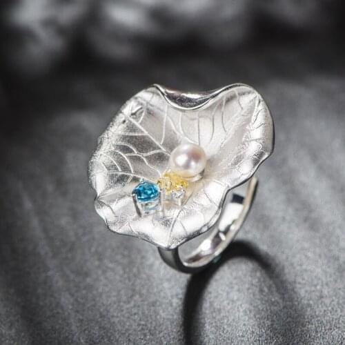 Three Colors Original Natural Freshwater Pearl Unique Lotus Leaf Adjusted Rings S925 Silver Open Rings Resizable Jewelry