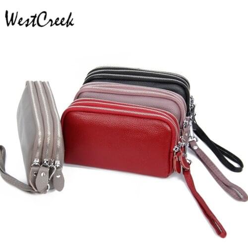 WESTCREEK Genuine Leather Women Wallet Large Capacity Three Layers Zipper Cellphone Pouch Coin Purse Female Wrist Bag Clutch