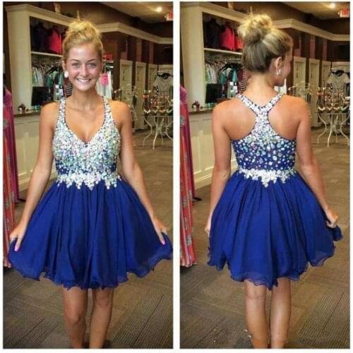 Crystal royal blue Prom Dresses Short Homecoming Dress Beaded Straps Chiffon Mini Skirt 8th grade graduation dresses Rhinestone