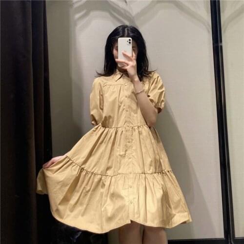 Sweet Girl Summer Khaki Black White Loose Mini Dress French Puff Sleeve Doll Dress Small Girl A Line Super Mini Party Dress