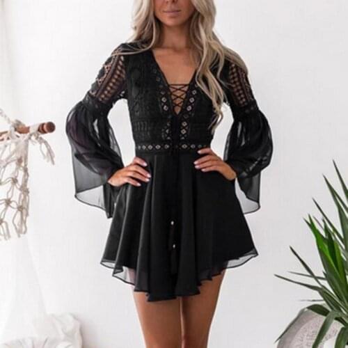 2019 Fashion Lace Mini Dress Women Long Sleeve Deep V Neck Sexy Women Party Dresses White Bodycon Dress Women Elegant Vestidos